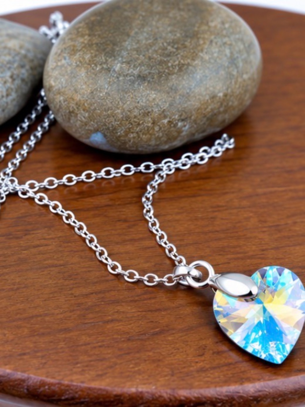 18K White Gold Iridescent AB Crystal Heart Pendant Necklace